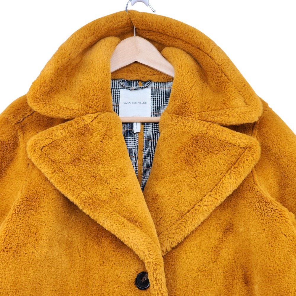 Avec Les Filles Faux Fur‎ Coat XL Women Mustard Yellow Teddy Jacket Plush Luxury - Picture 9 of 12